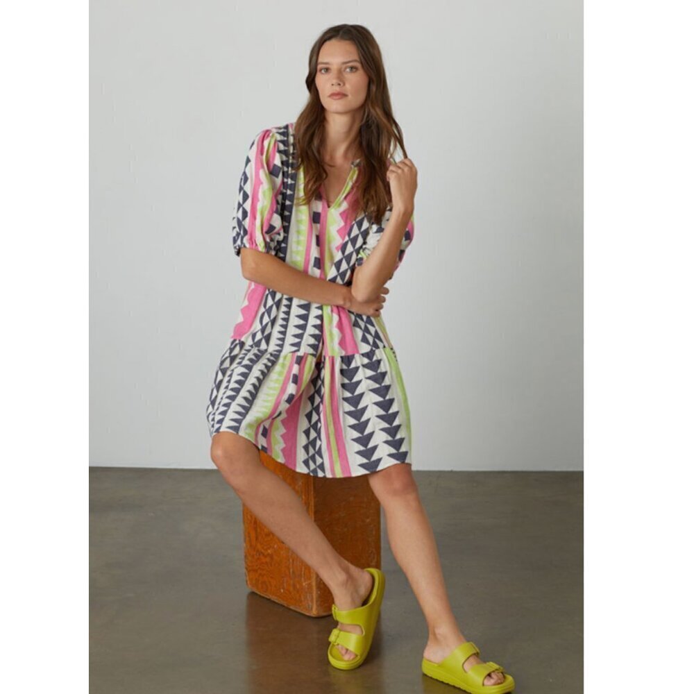 Velvet by Graham & Spencer Danica Jacquard Mini Dress Tiered Puff Sleeve M